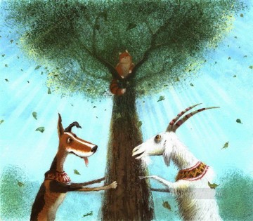 面白いペット Painting - おとぎ話 犬とヤギ 猫を捕まえる ふざけたユーモア ペット